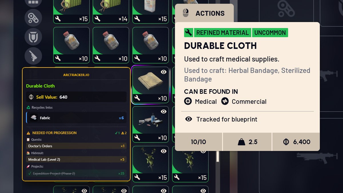 ARCTracker item inspect tooltip overlay